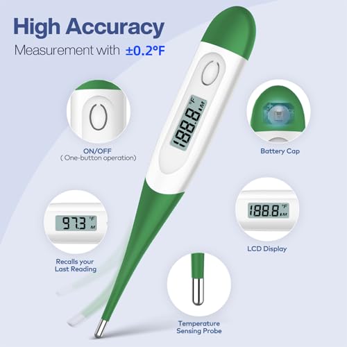 Boncare 10 Seconds Oral Thermometer for Adults and Kids, Dark Green | Accurate & Safe, Rectal Digital Thermometer for Baby, Fever Alarm - color: Dark Green
