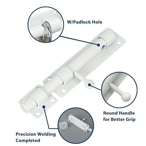 Alise 6 inch Barrel Bolt Latch,Heavy Duty Slide Lock for Barn Door | White SUS304 Stainless Steel Padlock-Style Slide Bolt Latch,Security Gate Latch for Wooden Fence,Interior or Outdoor Door - color: White, size: 6 Inch