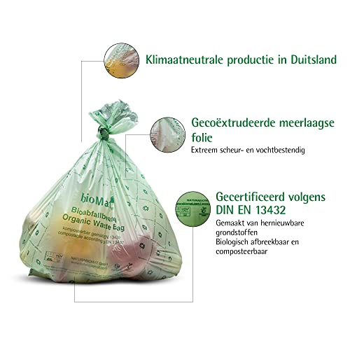 bioMat 8 Gallon Compostable Food Scrap Bags, 20 Count | BPI, CMA and OK Compost HOME certified, Meets the ASTM D6400 Standard, Medium Flat Top Waste Bags for Kitchen Food Waste Bin - size: 10 Count (Pack of 2), style: 8 Gallon