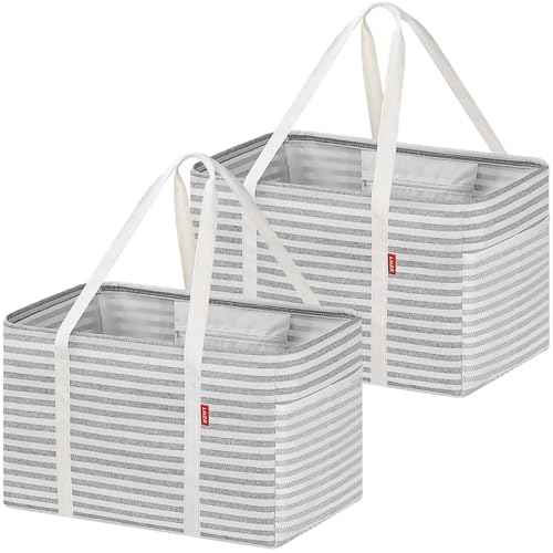 LHZK 2 Pack Utility Tote Bag with Metal Wire Frame and the Sides Rinforced, Large Tote Bag with Handle, Reusable Grocery Bags Foldable, Beach Bag, Car Tote (Gray, 18.5''x11.8''x11.5'') - color: Gray, size: 18.5''x11.8''x11.5''-2 Pack