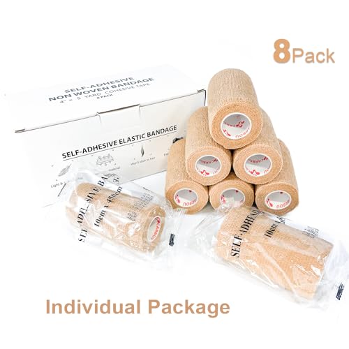 CARBOU Self Adhesive Cohesive Bandage Wrap 8 Pack 4x5yd Cohesive Tape Beige | Self Adherant Non-Woven Wrap Rolls, Atheletic Tape for Wrist, Ankle, Hand, Leg, Premium-Grade Medical Stretch Wrap - color: Beige, size: 8 Count (Pack of 1)