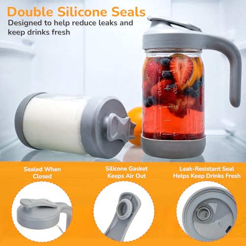 32 oz (1 Qt) Glass Mason Jar Pitcher with Pour Spout Lid & Handle | Airtight Leak-Resistant Flip-Top, Wide Mouth for Ice & Fruit, Non-Slip Silicone Base, Measuring Marks, Fridge Water/Iced Tea - color: Gray, size: 32 Ounces