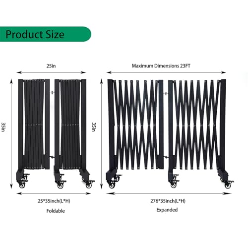 23FT Industrial Expandable Barricade Folding Security Gate with Wheels,Retractable Driveway Gate with Aluminum Fence Black - color: Black, size: 23 feet