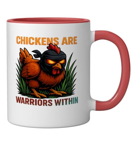 Chickens Are Warriors Within Funny Poultry Ninja Ceramic Mug, Red/White, 11oz - color: Red/White, size: 11 Ounces