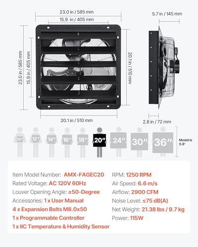 VEVOR 20 inch Exhaust Fan, Wall Mounted Attic Fan with Variable Speed, Temperature & Humidity Controller, 2900 CFM, Automatic Shutter - size: 20 Inch