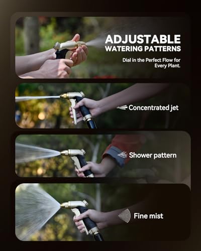 RAINPOINT Garden Hose Nozzle, 100% Heavy Duty Metal Hose Sprayer, High Pressure Water Hose Nozzle with Adjustable Spray Patterns and Flow Control for Watering Plants, Car Washing, Pet Washing, Gold - color: Gold