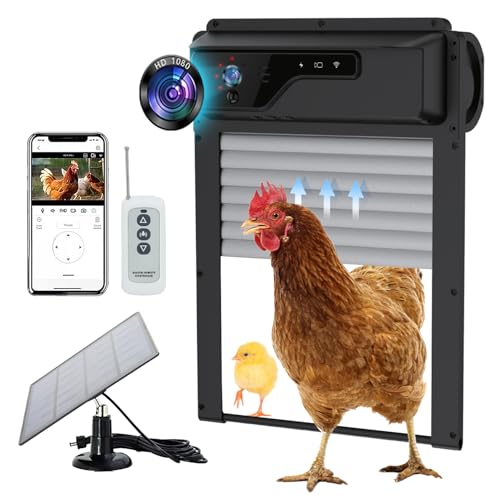 Automatic Chicken Coop Door with HD Camera | Solar Powered 5000mAh Battery | Remote, Timer & Anti-Pinch Sensor | App-Controlled Monitoring Door Opener (Black) - color: Black