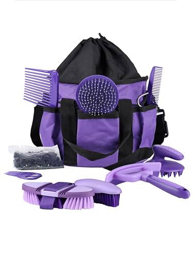 Harrison Howard Horse Grooming Kit 9 Piece with Tote Bag, Non-Slip Horse Brush Set for Shedding, Bathing, Hoof Care, Mane & Tail Grooming, Equine Grooming Supplies Purple - color: Purple
