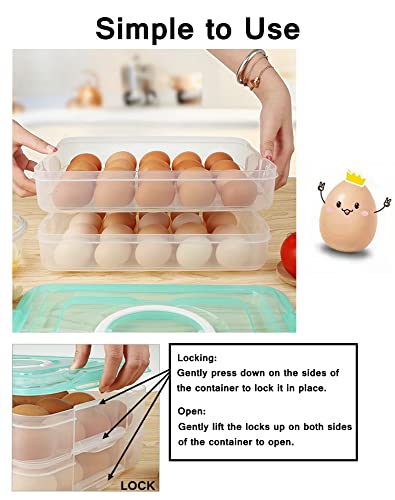 Egg Storage Container for Refrigerator, 3-Layer Deviled Egg Tray, Stackable Fridge Egg Organizer with Lid and Handle, Extra Large Holder, 60 Count Eggs Keeper(green 3 layer) | 3-Layer, 60 eggs, Stackable Storage Holder with Handle for Refrigerator for Cam