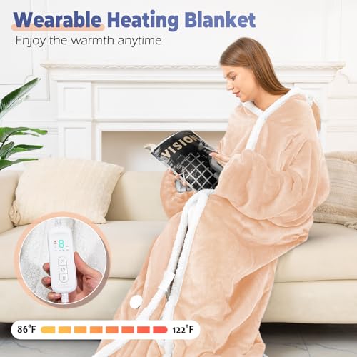 Wearable Heated Blanket with Foot Pocket, Electric Wearable Throw Blanket with Sleeves, Hood, Portable Heated Blanket with 8 Heat Settings, 1-10 Hours Auto Shut-off, Gift for Family, Friends, 50*70" - color: Beige