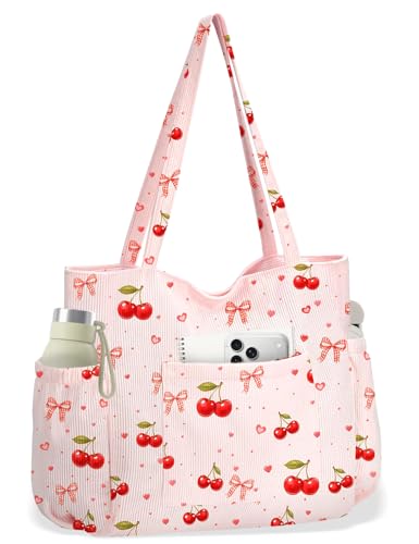 Corduroy Tote Bag for Women, Cute Floral Tote Bag with Zipper, Large Shoulder Handbag with Multi-Pockets for Work Travel Gym - color: Cherry