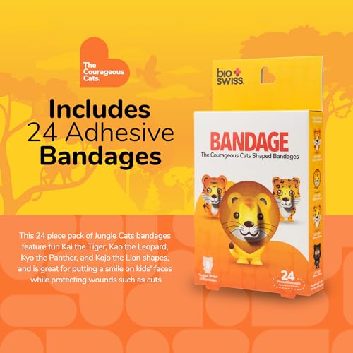 BioSwiss Bandages, Courageous Cats Shaped Self Adhesive Bandage Set, Latex Free, Sterile Wound Care, 24 Count - size: 24-Count Box, style: Jungle Cats
