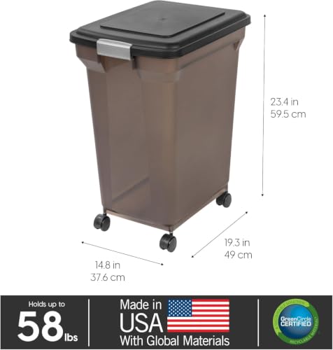 IRIS USA Dog Food Storage Container, Up to 58 lbs, Smoke Black, Made in USA | Wheels for Mobility, Airtight Seal, BPA-Free, Best for Bird Seed, Cat food, Cat Litter, Chicken Feed, Pellets - color: Smoke, size: 58 lbs