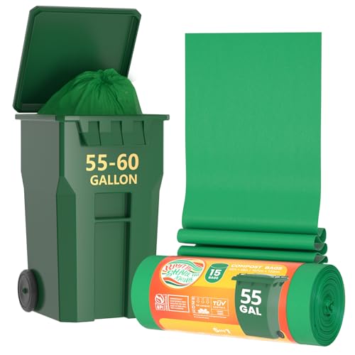 55-60 Gallon Compostable Trash Bags Liners, Heavy Duty Extra Thick 1.57 Mil, 208.2 Liter, 15 Bags, Lawn, Yard, and Restaurant Use, ASTM D6400, US BPI, OK Compost Home Certified - color: 55G-15count