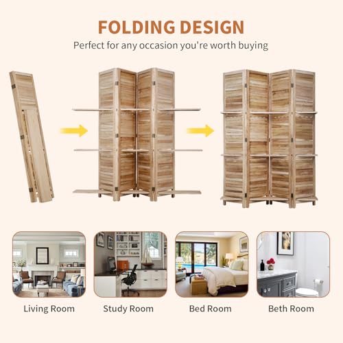 Room Divider 4 Panel Folding Wood 5.6 Ft Tall Privacy Screen Dividers Wall with Three Shelves Portable Partition (Natural) - color: Natural