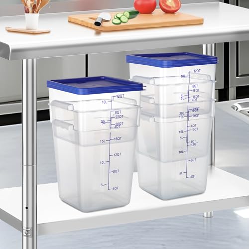 4 Pack 12 Qt Square Polycarbonate Food Storage Containers with Lids | Clear BPA-free PC with lids, side handles, measurement scale and stackable design; for food prep, storage and freezer use. - color: 12Qt