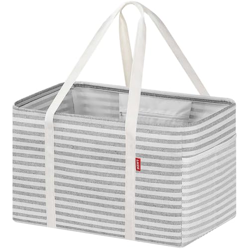 LHZK Standing Utility Tote Bag with Metal Wire Frame and the Sides Rinforced, Large Tote Bag with Handle, Reusable Grocery Bags Foldable, Beach Bag, Car Tote (Gray, 18.5''x11.8''x11.5'') | Metal Wire Frame - color: Gray, size: 18.5''x11.8''x11.5''-1 Pack