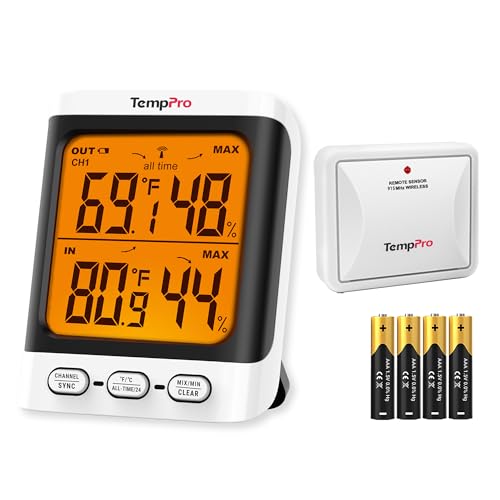 TempPro TempAir 500 FT Indoor Outdoor Thermometer Wireless with Sensor | 3.3" LCD Backlit Display, Front Button, Outside Thermometer with Cold-Resistant Sensor for Patio Garage, Batteries Included