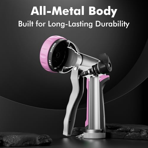 RESTMO Garden Hose Nozzle, Heavy Duty Metal Water Hose Nozzle with 7 Adjustable Spray Patterns, High Pressure Hand Sprayer with Flow Control, Best for Watering Plant & Lawn, Washing Car & Pet, Pink - color: Pink