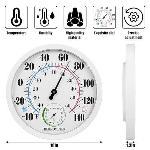 10 Inch Indoor Outdoor Thermometer Hygrometer Combo | Large Dial Analog Temperature Humidity Gauge, Wall Mount Weather Thermometer for Home Patio Greenhouse Garage Room