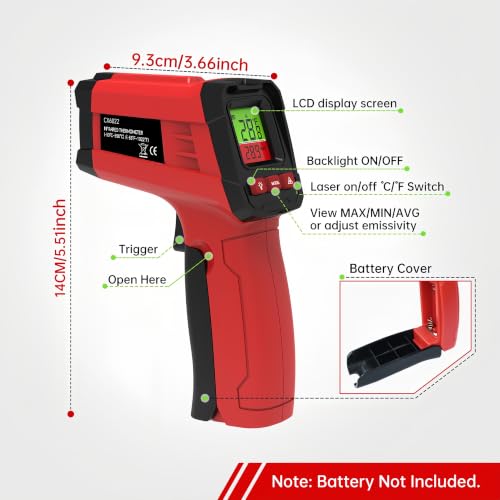 Infrared Thermometer Gun, Digital Laser Temperature Gun -58°F to 1022°F, Adjustable Emissivity, LCD Backlight, MAX/MIN Display, Non-Contact Thermometer for Pizza Oven, BBQ, HVAC, Griddle - color: Red