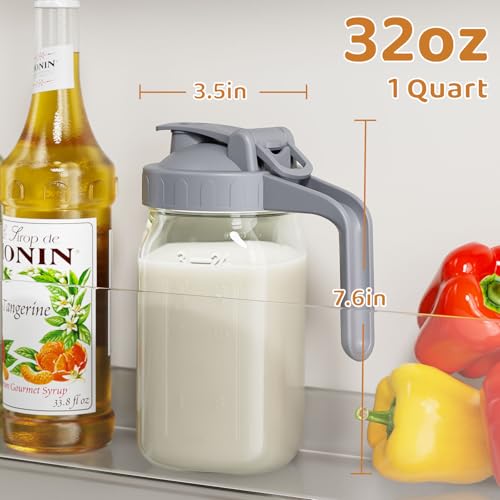 32 oz Breast Milk Pitcher, Glass Mason Jar Pitcher with Lid | Airtight, Leak Proof, Wide Mouth, Pour Spout Lid, Thick Glass, Fridge Safe, Ergonomic Handle, Easy to Clean - color: Gray, size: 32 Ounces