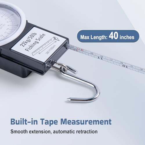 Goture Hanging Scale with 39" Built-in Tape Measure, 50lb/22kg Fishing Scale, Battery-Free Mechanical Spring Scale for Weighing & Measuring Fish, Waterproof Fishing Gear for Saltwater and Freshwater - color: Single Fishing Scale 2.0