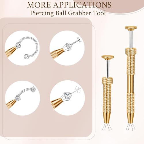 2Pcs Piercing Ball Grabber Tool for Changing Jewelry, Stianless Steel Flat Back Earring Applicator Internally Threaded Push Pin Piercing Grabber Tool - color: Gold