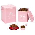Meraki Home Farmhouse Cat Food and Treats Containers + Feed Scoop + Pet Food Bowl - Tight Lids - Large Metal Storage Bin - Great Gift for Cute Pets (Matte Pink) - color: Pink