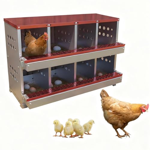 8-Compartment Chicken Nesting Box, Heavy Duty Galvanized Steel Poultry Nest Box, Wall Mount/Freestanding Design for Hens, Ducks, Backyard Homesteads & Farm Use, Red, with 8 Eggs, No Stand - color: Red, size: 8 Room&eggs