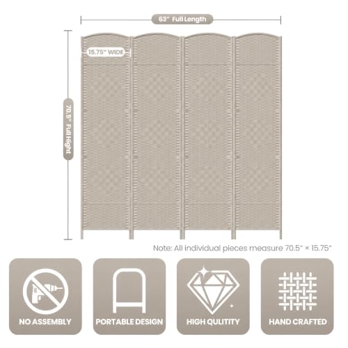 4 Panel Folding Room Divider,Woven Privacy Screen,Beige | Solid wood frame, handcrafted diamond pattern, 6FT tall, extends to 63 inches wide, no assembly required - color: Beige, size: 4-Panel