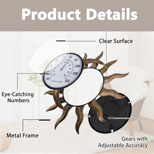 14" Sun-Moon Outdoor Thermometer, No Need Battery | Metal Wall Thermometer, Decorative Indoor Thermometer for Patio, Garden, Living Room - color: Sun & moon