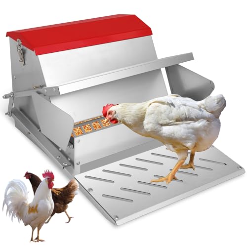 25lbs Automatic Chicken Feeder-Metal Treadle Poultry Feeder, No Waste Rat Proof Chicken Feeder with Sturdy Galvanized Steel Build and Weatherproof Locking Lid for Duck, Fowl, Pheasant Outdoor
