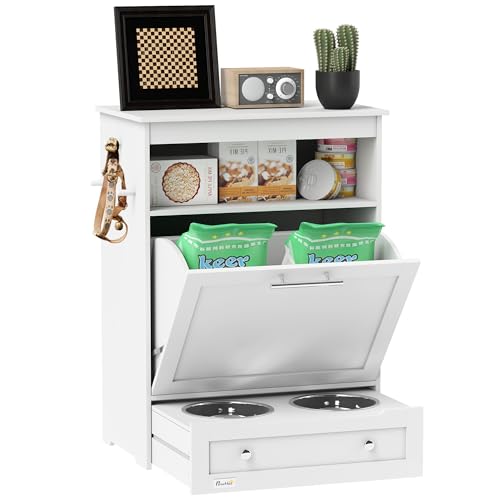 PawHut Dog Feeding Station with Raised Bowls, Pet Feeder Station, White | Dog Food Storage Cabinet, Hanger for Feeding & Watering Supplies - color: White