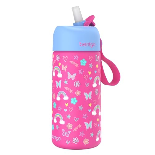 Bentgo Kids Stainless Steel Water Bottle, Leak-Proof, 14 oz, Bite & Sip | Vacuum Insulated, 18/8 Stainless Steel, 12-Hour Cold, Dishwasher Safe, BPA-Free (Rainbows & Butterflies) - color: Rainbows & Butterflies