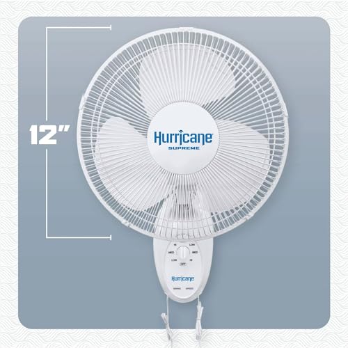 Hurricane Supreme 90-Degree Oscillating Wall Fan, 3 Speeds, White - 12in | Quiet Operation - Wall Mount Corded Electric Air Cooling Unit with Adjustable Tilt & Pull Cords for Home, Garage & Workshop - style: 12" Supreme