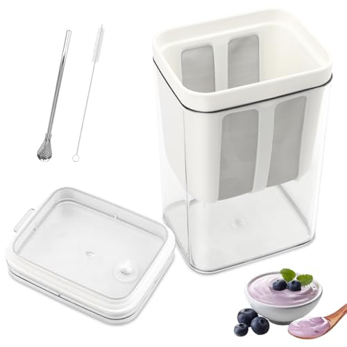 1800ml Greek Yogurt Maker & Strainer with Straw Spoon, Brush & Mesh Bag | 1.9Qt Multi-use strainer with fine mesh bag & lid. Makes yogurt, nut milk, juice, kefir & tofu. Straw spoon & brush included. - size: 1800ML