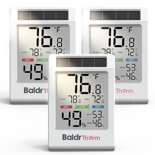 BALDR Indoor Thermometer Hygrometer, Solar Power with Battery Backup, Large Display, Daily Max/Min & Comfort Indicator Humidity Meter | Solar & Battery Dual Power |No Setup or App Required |Clear Comfort Level Indicator |Flexible Desk or Wall Placement -