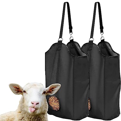 2 Pcs Hay Feeder for Goat, Nylon Goat Feeder, Slow Feed Hay Bag Less Hay Waste Tote Bag with Metal Ring and Adjustable Strap for Sheep Horses Goat and Cattle Low Feeding