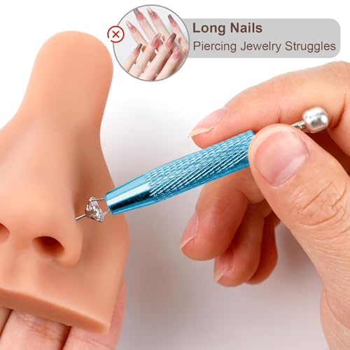 2Pcs Piercing Ball Grabber Tool for Changing Jewelry, Stianless Steel Flat Back Earring Applicator Internally Threaded Push Pin Piercing Grabber Tool - color: Blue
