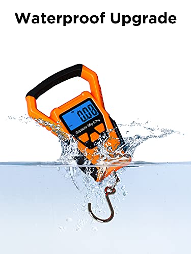 HEETA Waterproof Fish Scale Digital Hanging Fishing Luggage Weight Scale | Up 110lb/50kg Portable Scale with Backlit LCD Display, for Home & Outdoor, Measuring Tape and 2 AAA Batteries Included - color: Orange