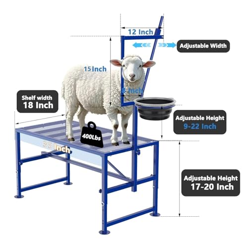 Goat Milking Stand with Feed Bin, 400LBs Goat Stand for Sheep Trimming and Milking, Hoof Trimming Stand Adjustable Size for Pygmy, Dwarf Goats, Iron Blue - color: Blue, size: M-35*18 Inch