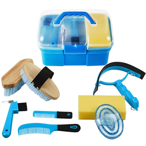 Cunhill 9 Pieces Horse Grooming Kit with Organizer – Curry Comb, Hard & Soft Brushes, Hoof Pick, Sweat Scraper, Sponge – Grooming Supplies for Horses, Riders & Beginners