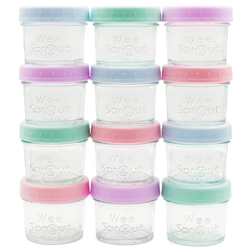 WeeSprout Baby Food Storage Glass Jars w/Lids (4 oz, 12 Pack) Pastel Variety, Snack, Reusable Small Containers, Fridge or Freezer, Microwave & Dishwasher Safe, Essentials for Infants - color: Pastel Variety, size: 4 oz (12 pack)