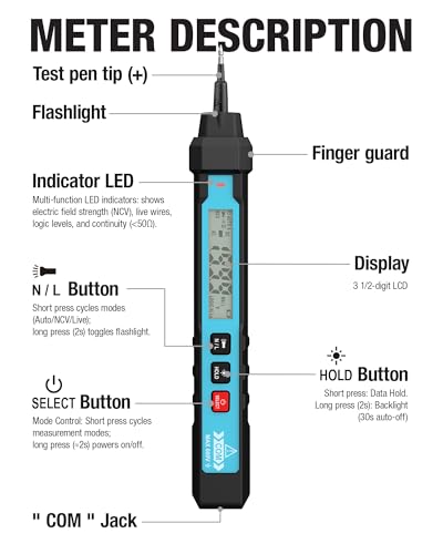 ALLOSUN Mini 3 1/2-Digit True RMS Digital Multimeter with Data Hold, Backlight, Auto Power Off & Non-Contact AC Voltage Detection EM3218A