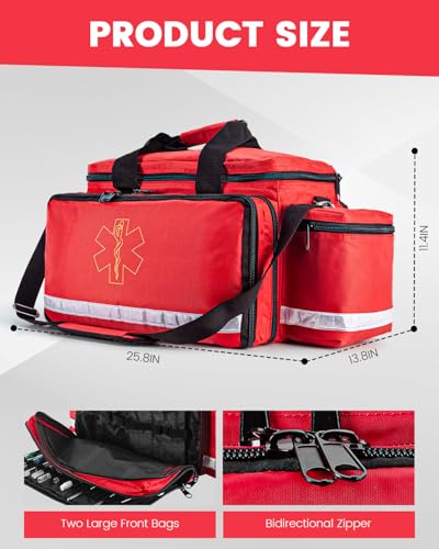 Large Medical Bag Empty, Paramedic Bag EMT Trauma for First Responders | Large Medical Duffle Bag 25.8" Water Resistant, 21 total compartments, 360 Reflective, 4 Dividers, 3 Removable Clear Pouches