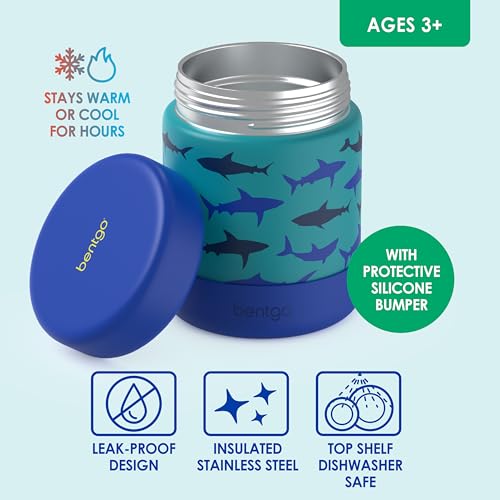 Bentgo Kids Stainless Steel Leak-Proof Food Jar for Hot or Cold Food | 11 fl oz Double Insulated Container with Removable Silicone Bumper, Dishwasher Safe, Easy Open Lid, Ages 3+ (Sharks) - color: Shark