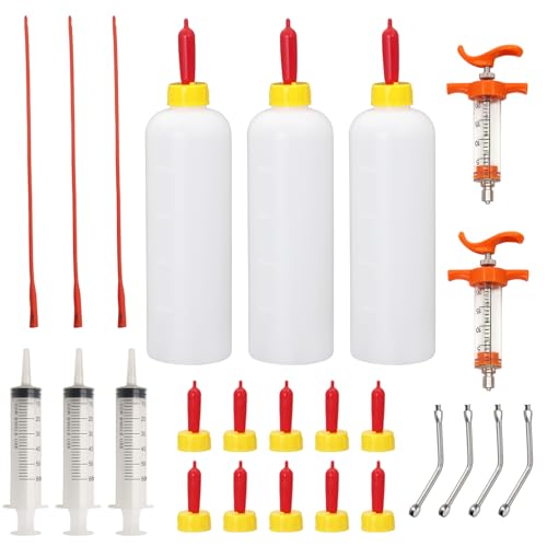 14PCS Lamb and Goat Kid Feeding Tube Kit Included 2 500ml Lamb Feeding Bottles 5 Milk Nipples 2 60ml Syringe with 2 16fr Red Feeding Tube Kit,1 20ML Reusable Goat Syringe with 2 Drench Nozzle (25)