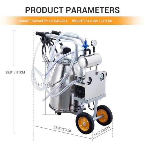 6.6Gal / 25L Cow Milking Machine, 550W Powerful Vacuum Pulsation Electric Milker, Portable Milker with Food-Grade Silicone Cups and 304 Stainless Steel Milk Buckets