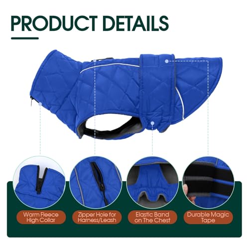 Kuoser Dog Coat Thermal Fleece Lined Dog Jacket, Adjustable Hook & Loop Dogs Coats for Medium Dogs Windproof Reflective Puppy Snow Jackets Pet Cold Weather Clothes with Harness Hole, Blue, M - color: Blue, size: Medium (Chest: 42 - 52CM / 16.53" - 20.47")